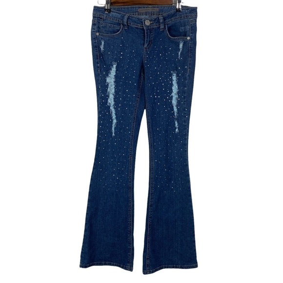 Material Girl Sparkly Rhinestone Distressed Tall Flare Jeans Women's Junior 7 - Picture 1 of 12